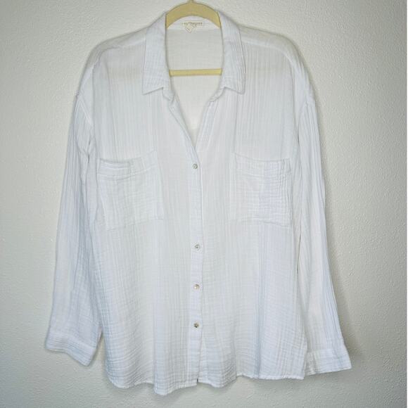 Eileen Fisher 100% Cotton Linen Long Sleeve Button Down Puckered Shirt L - Picture 3 of 13